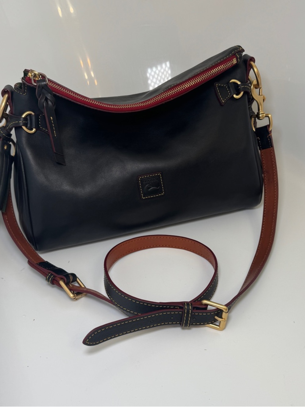 Dooney & Bourke Florentine Black Leather Medium Zip Hobo Crossbody Bag Tassel